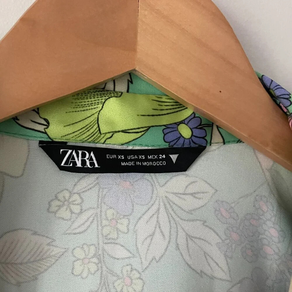 Zara Satin Effect Floral Long Sleeve Mini Dress Green Blogger Fav Size XS - Picture 9 of 10